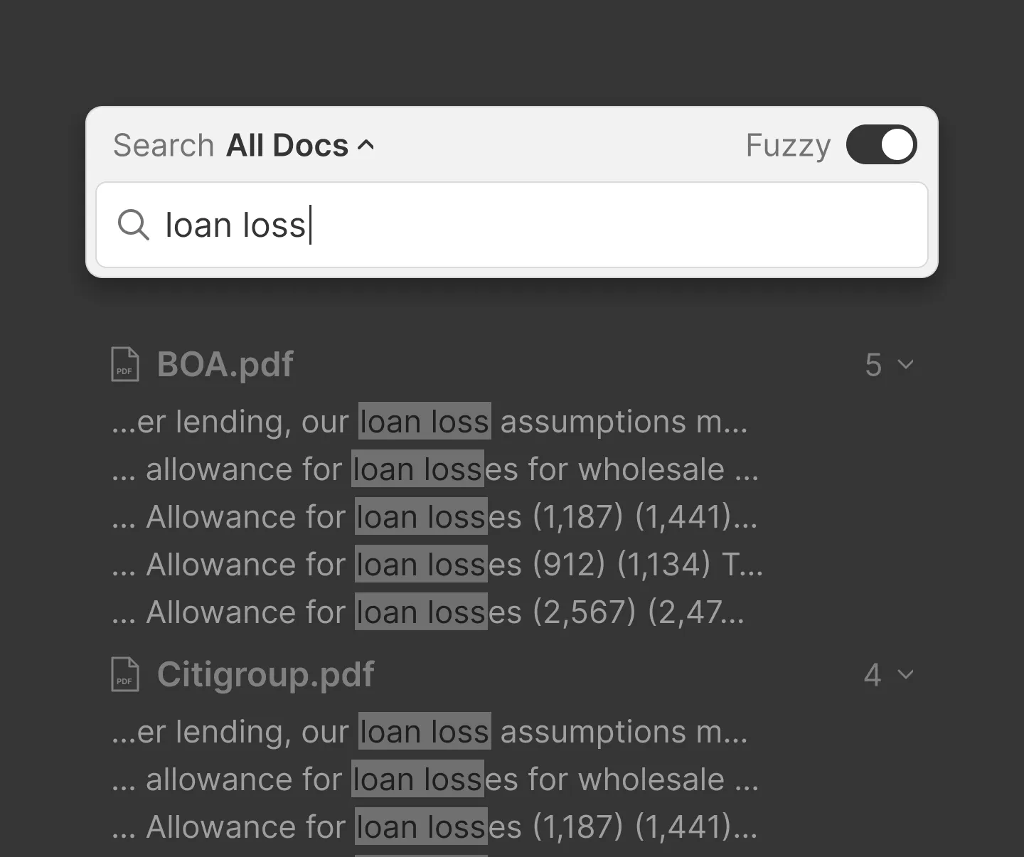 A search for "loan loss" with Fuzzy turned on, listing matches in BOA.pdf and Citigroup.pdf