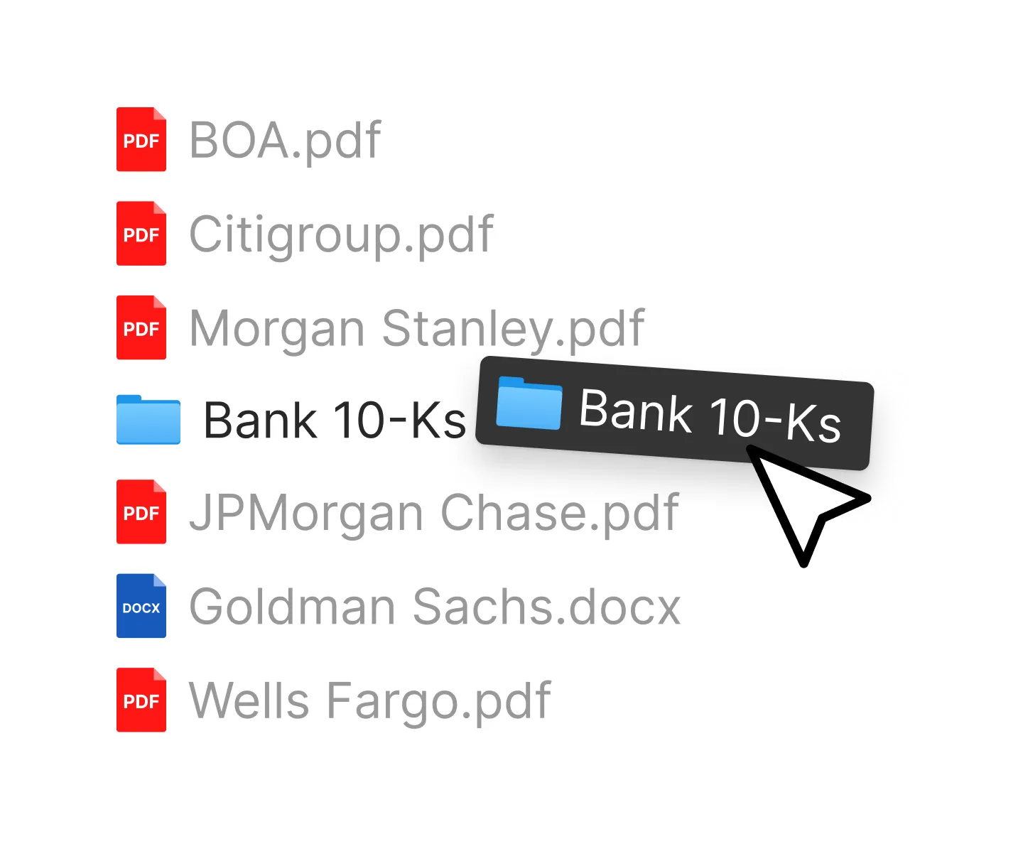 A list of bank PDFs and a Word document next to a Bank 10Ks folder