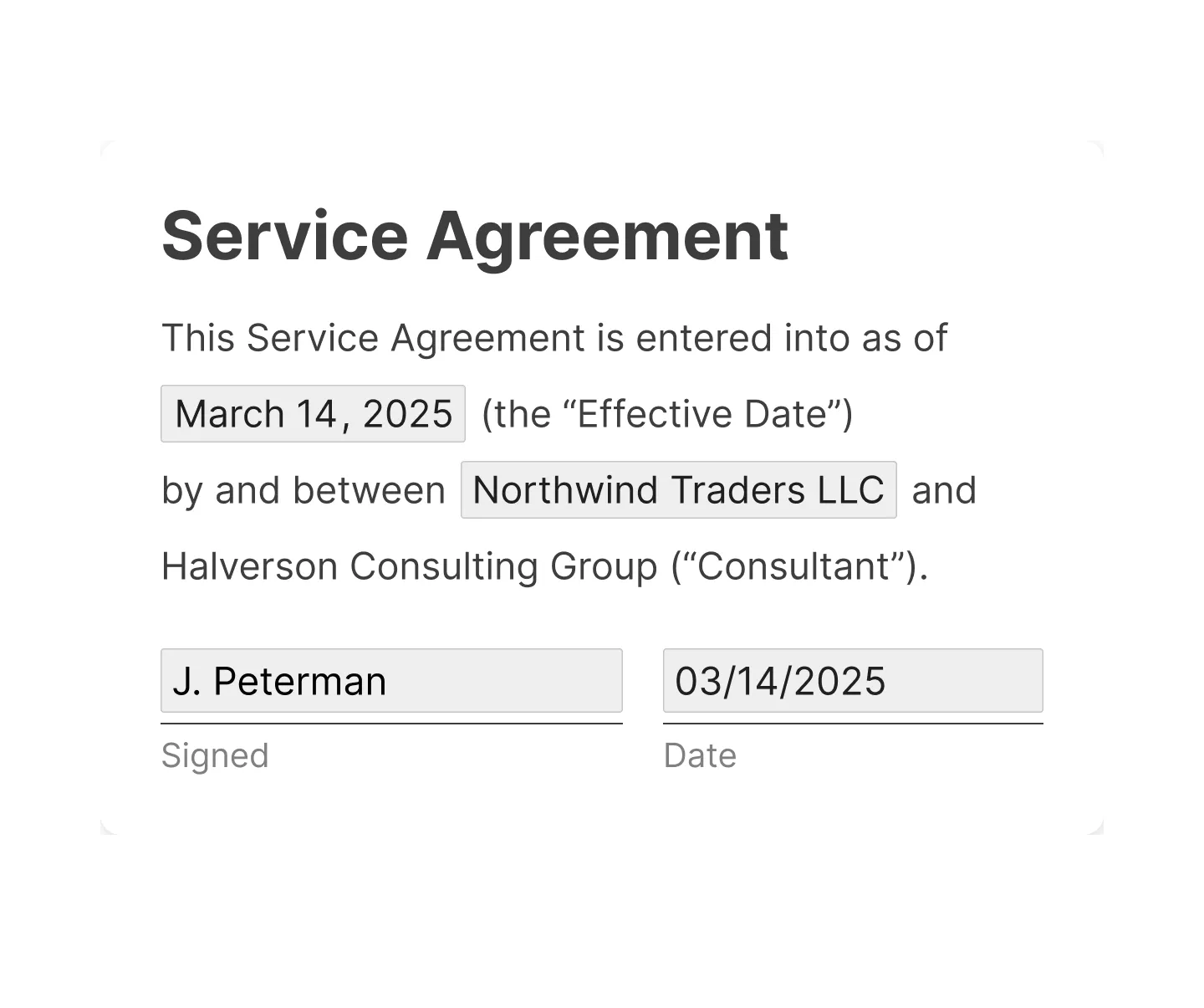 A service agreement with its date, party name and signature filled into PDF form fields within the text