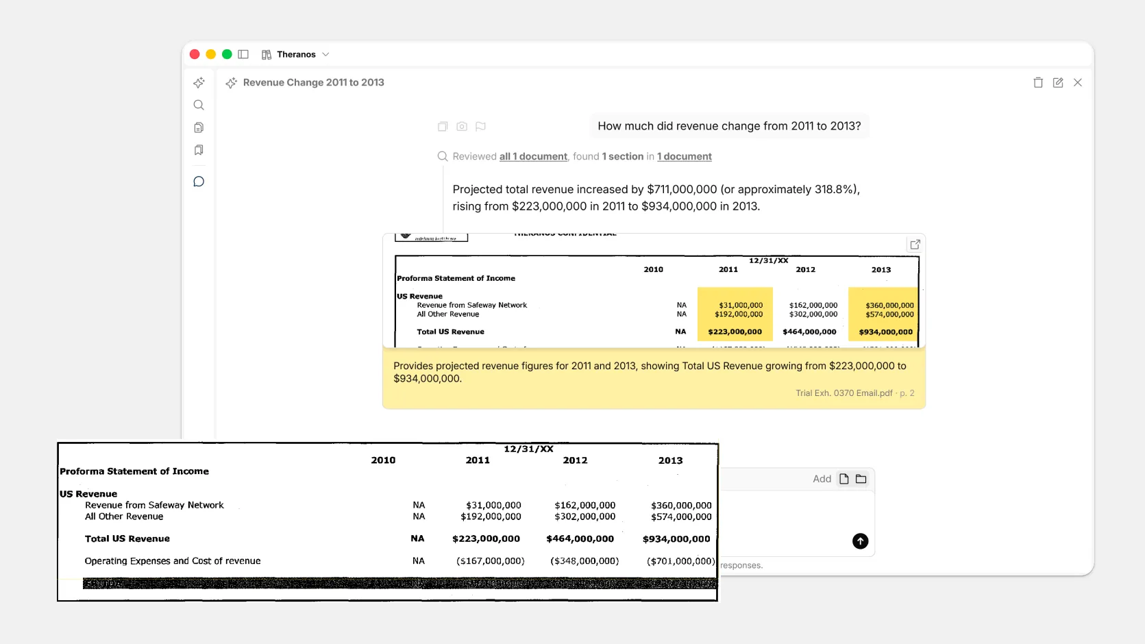 Eno answering a question about revenue from 2011 to 2013 with a highlighted snippet from a table in a scanned PDF