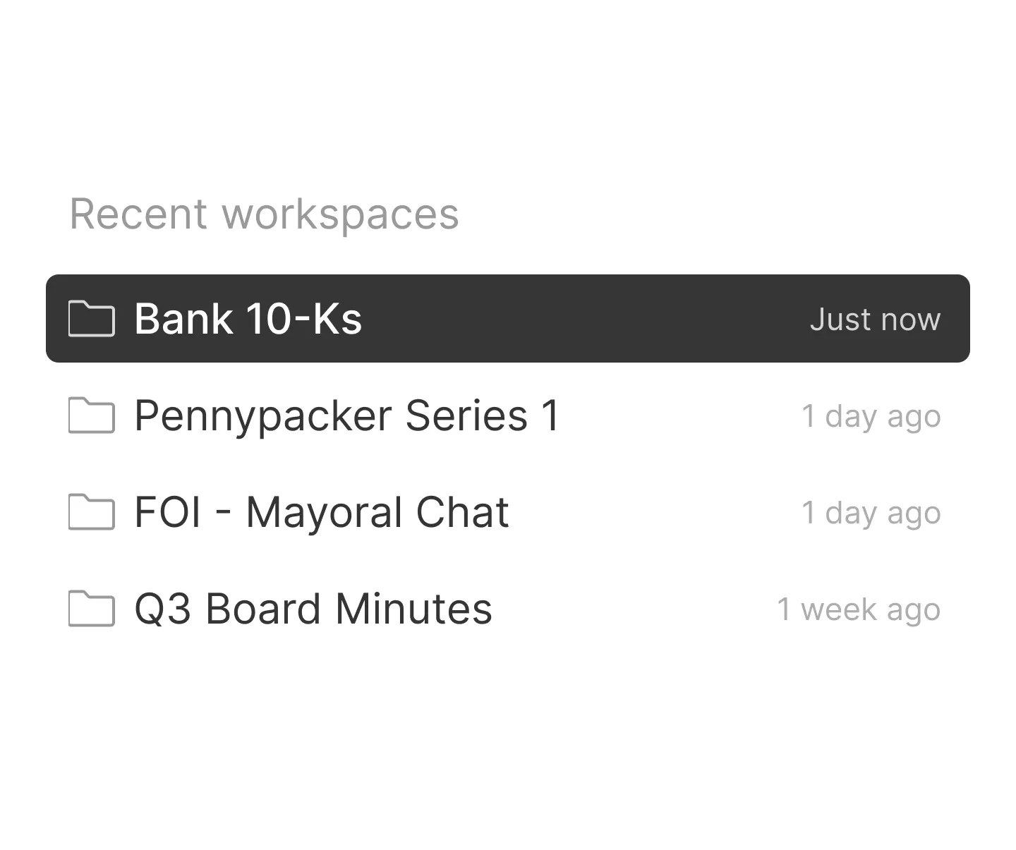 A list of recent workspaces with Bank 10Ks selected