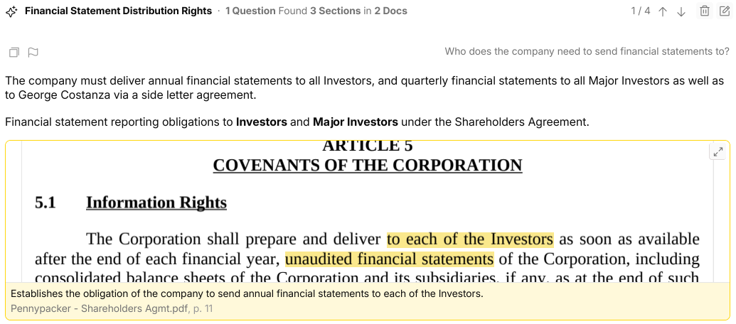 eno's answer screen, emphasizing highlighted snippets from the source document
