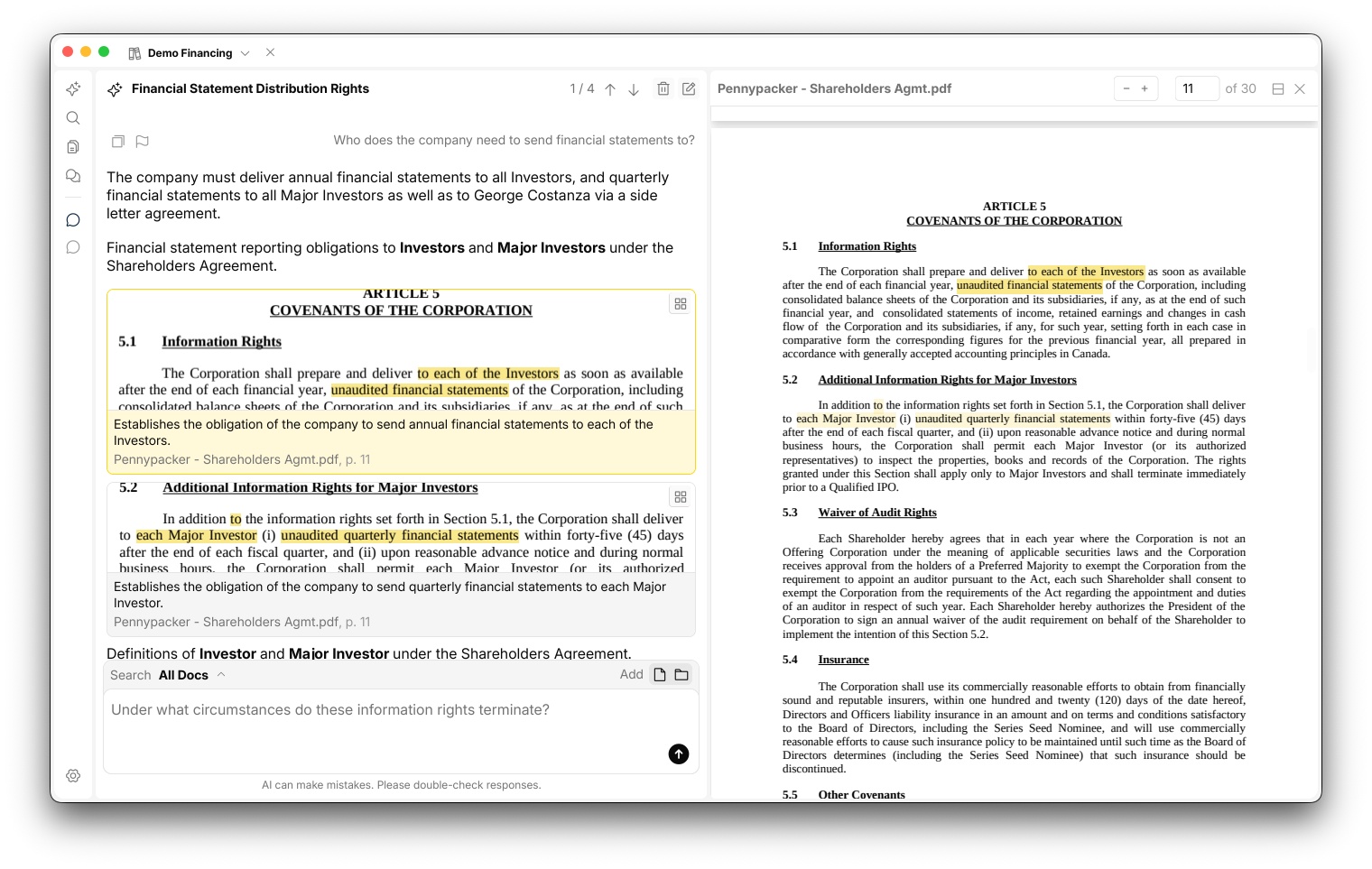 Snippets expanded into a full viewer with split panes comparing two documents side by side