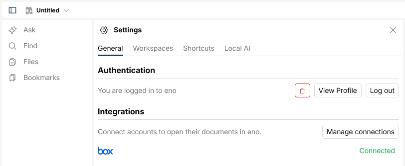 The eno Settings panel on the General tab, showing Box marked Connected in the Integrations section.