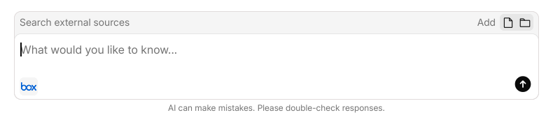 The eno Ask composer with the Box logo tile lit in the footer beside the send button.