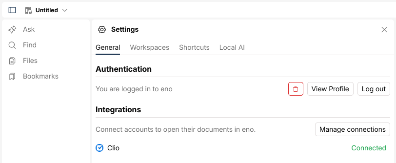 The eno Settings panel on the General tab, showing Clio marked Connected in the Integrations section.