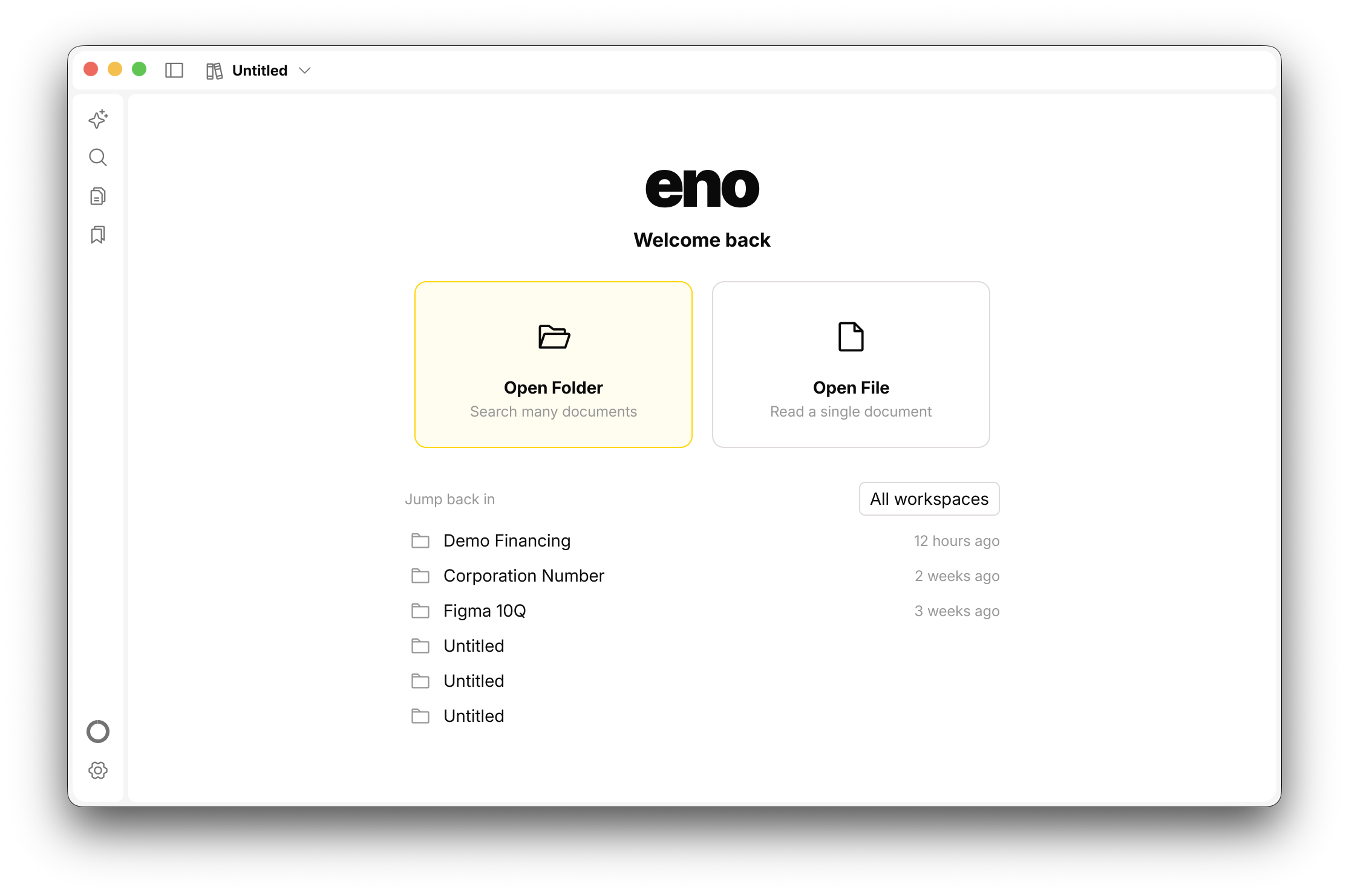 The Open Folder option selected on Eno's welcome screen.
