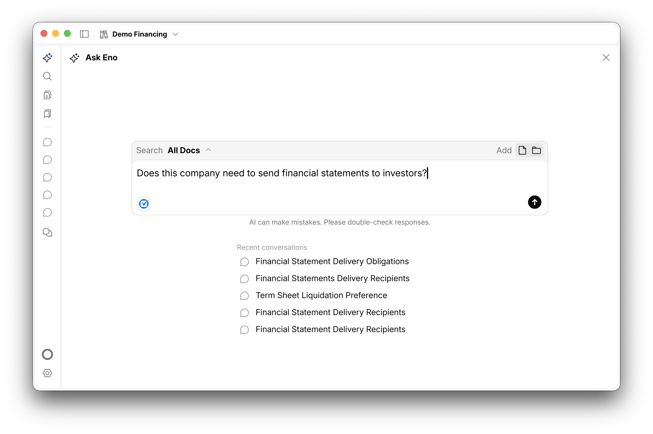 The Ask Eno panel after a search, showing a question about financial statements and the recent conversations list.