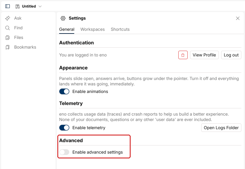 The eno Settings panel on the General tab, with the Enable advanced settings toggle highlighted under the Advanced section.