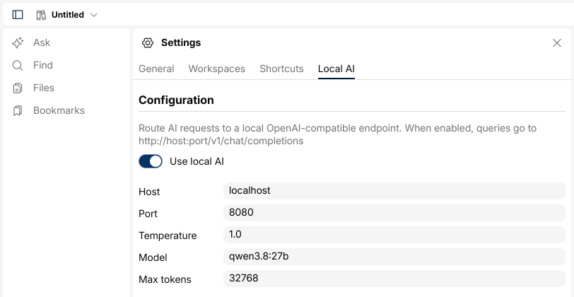 The Local AI settings panel in eno showing the Use local AI toggle on, with Host, Port, Temperature, Model, and Max tokens fields filled in.